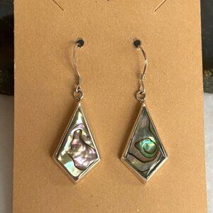 Sterling Silver 925 1.68" Kite Shaped Abalone Shell Inlay Dangle Earrings